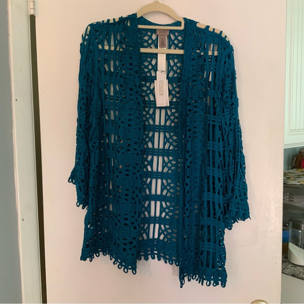 Teal Crochet Open Cardigan Jacket Chico’s size large 12-14 NEW w Tags